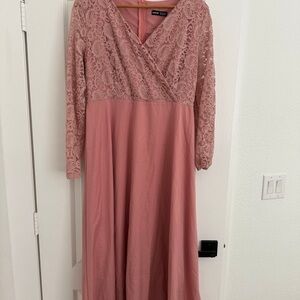 SHEIN Pink A-line Long Sleeve Bishop Sleeve Dress